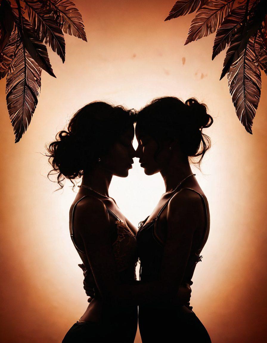 A warm and inviting scene of two silhouettes entwined in an intimate embrace, surrounded by soft, sensual textures like satin and lace. The background features subtle illustrations of kink elements like handcuffs and feathers blended into the colors of intimacy, emphasizing connection. Use warm lighting to evoke a feeling of comfort and closeness. soft focus. vibrant colors. 3D.