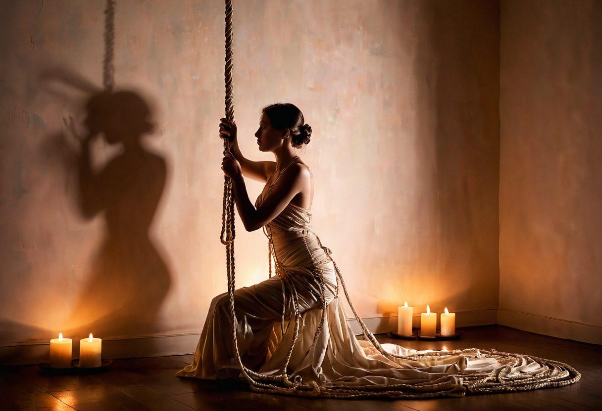 An elegant, intimate scene depicting a softly lit room adorned with intricate ropes and sensual fabrics. Subtle shadows play against pastel walls, highlighting delicate bondage techniques being demonstrated by gracefully intertwined figures. Candles flicker, casting a warm glow that enhances the atmosphere of exploration and intimacy. The setting exudes a sense of trust and creativity. soft focus. warm tones. elegant style.